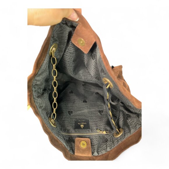 LANVIN "Amalia" Python Print Brown Suede Bucket Shoulder Bag made in Italy 13" H - Picture 15 of 16